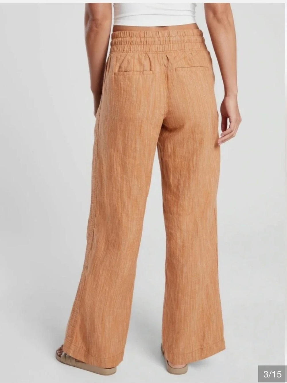 Athleta Cabo Linen Textured Wide Leg Pants size 4 Tan Brown Pull On Beach Travel - Picture 3 of 12